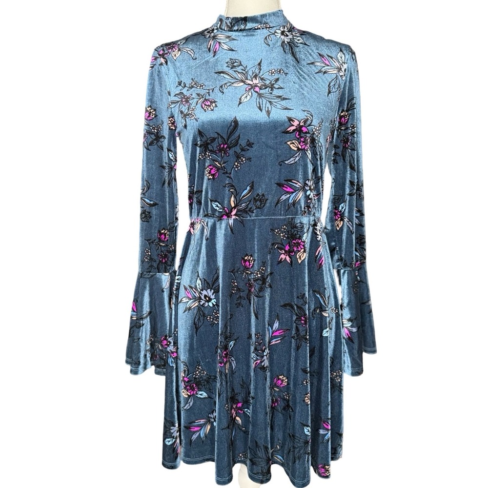 Blue Velvet Floral Dress Bell Sleeve Mock Neck Fit Flare Womens Medium